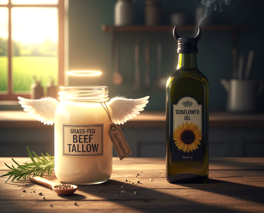 a jar of grass fed beef tallow depicted as angelic VS a bottle of Seed oils depicted as evil.