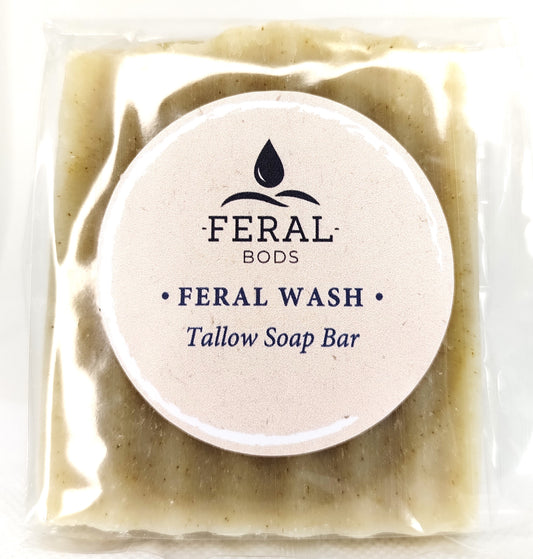 Feral Wash tallow soap bar in packaging with Feral Bods branding.