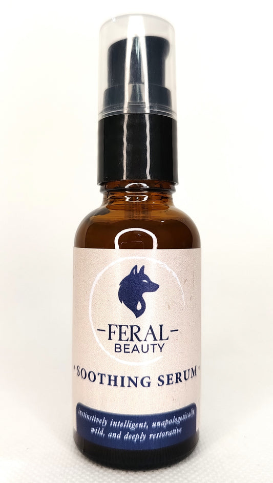 Tallow based skincare. Bottle of Feral Beauty Smoothing Serum on a white background. With snail mucin extract