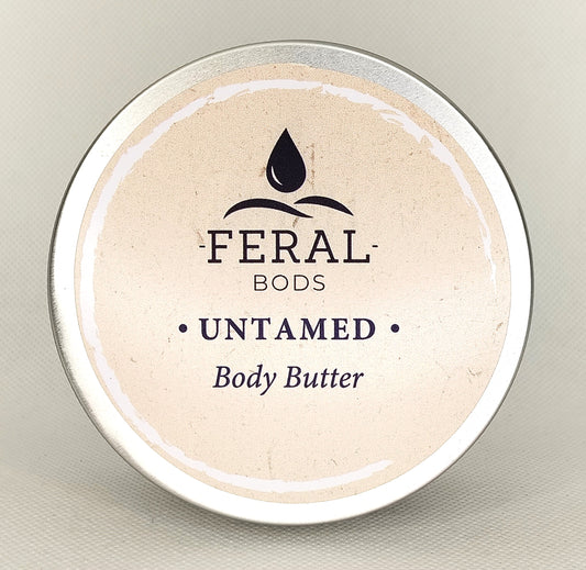 Feral Bods Untamed body butter container on a neutral background