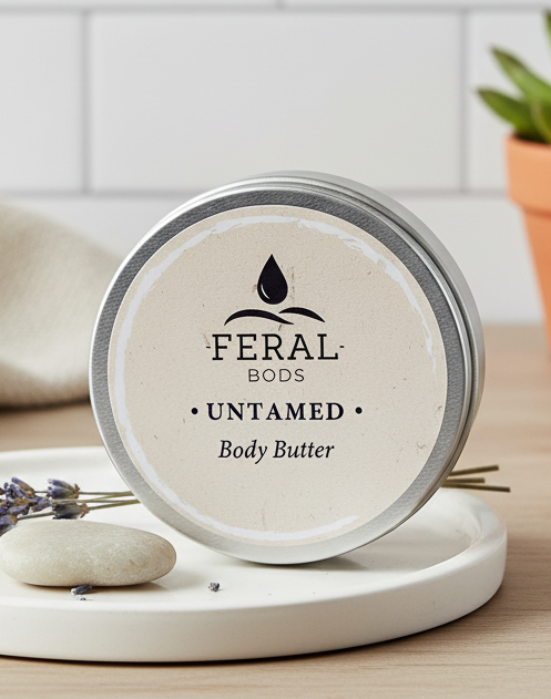 Feral Bods Tallow Untamed body butter jar on a white plate with lavender and stones in the background