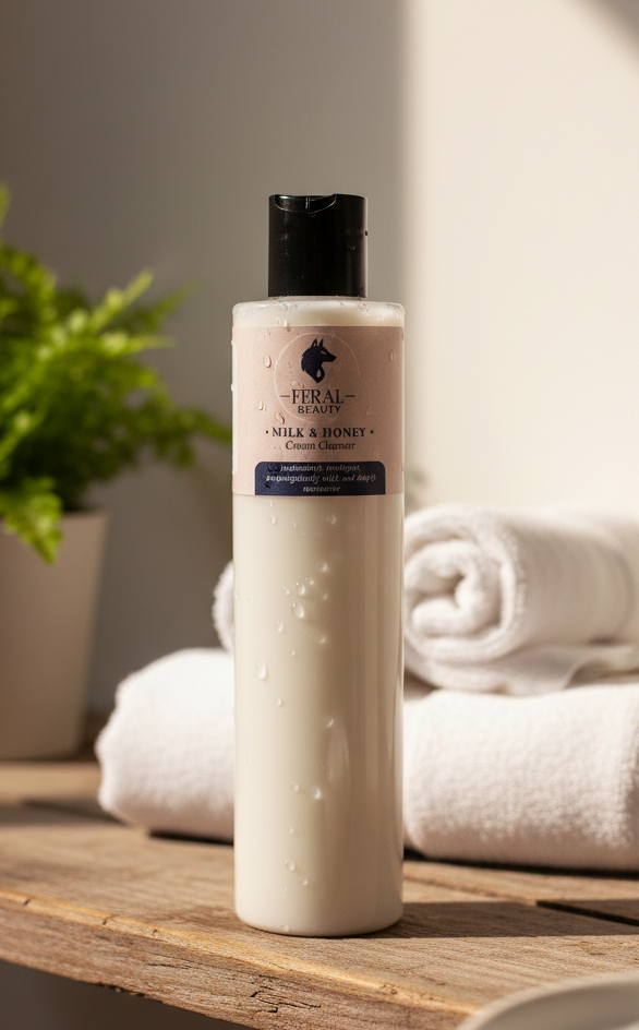 Feral Beauty bottle with towels and a plant on a wooden surface. Tallow-based skin cleanser