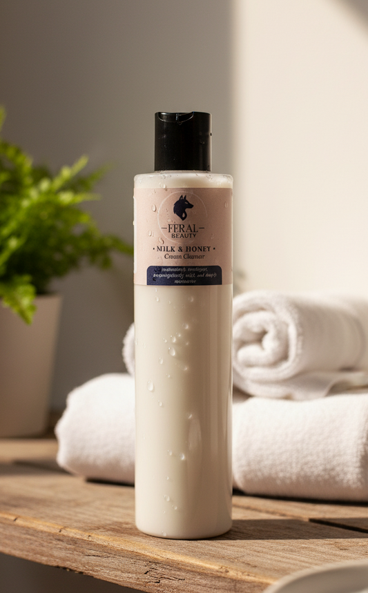 Feral Beauty bottle with towels and a plant on a wooden surface. Tallow-based skin cleanser