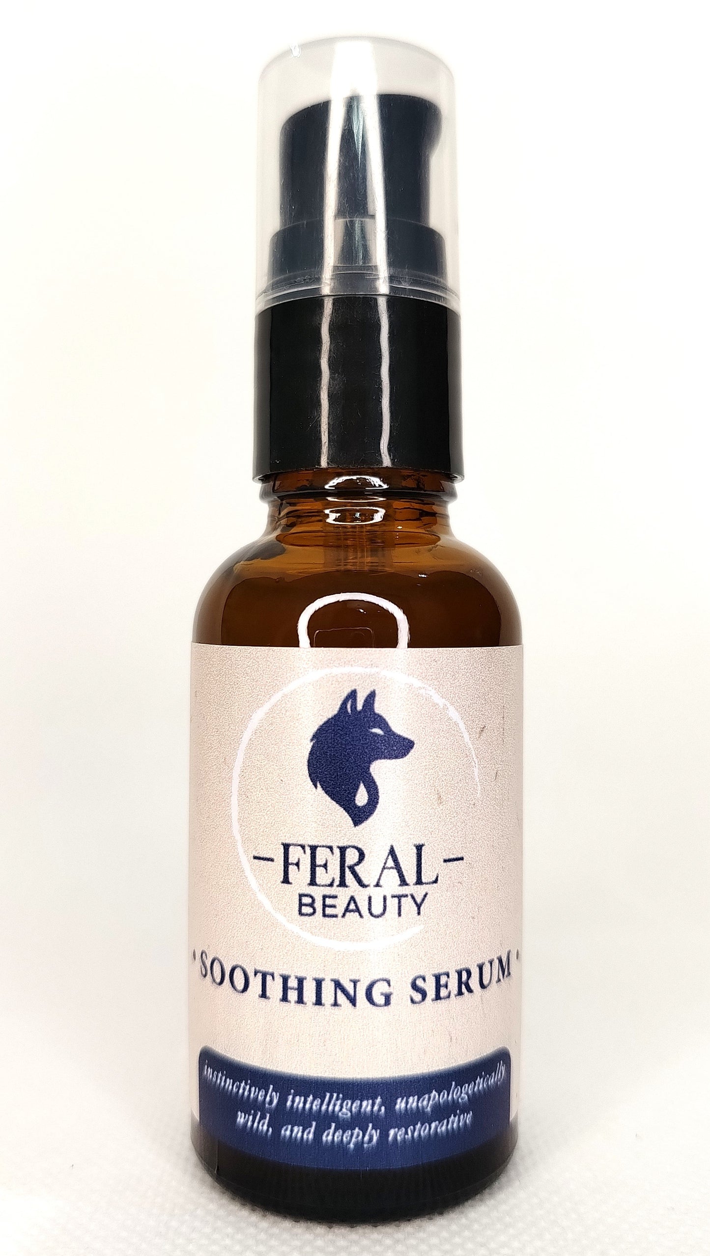 Tallow based skincare. Bottle of Feral Beauty Smoothing Serum on a white background. With snail mucin extract