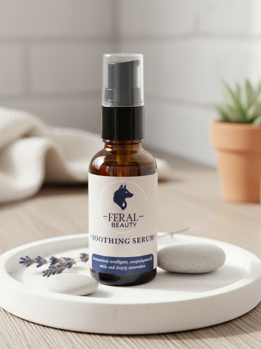 Feral Beauty soothing serum bottle on a white tray with lavender and stones, blurred background. Snail mucin