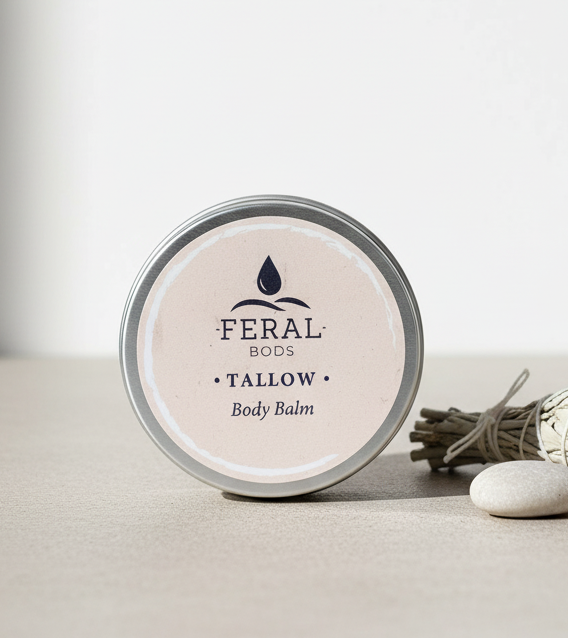 Feral Bods tallow body balm jar on a neutral background