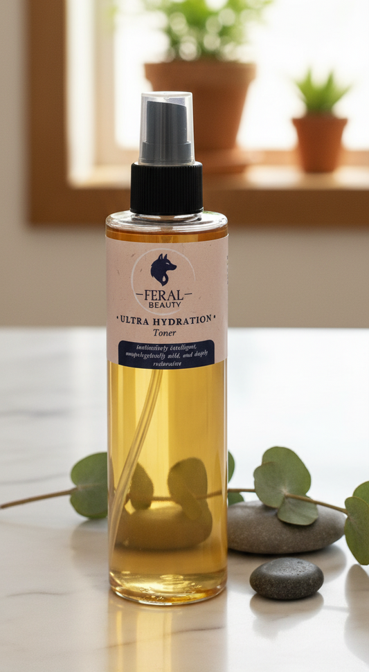 Feral Beauty ultra hydration toner bottle on a table with plants in the background. Tallow based skincare south africa